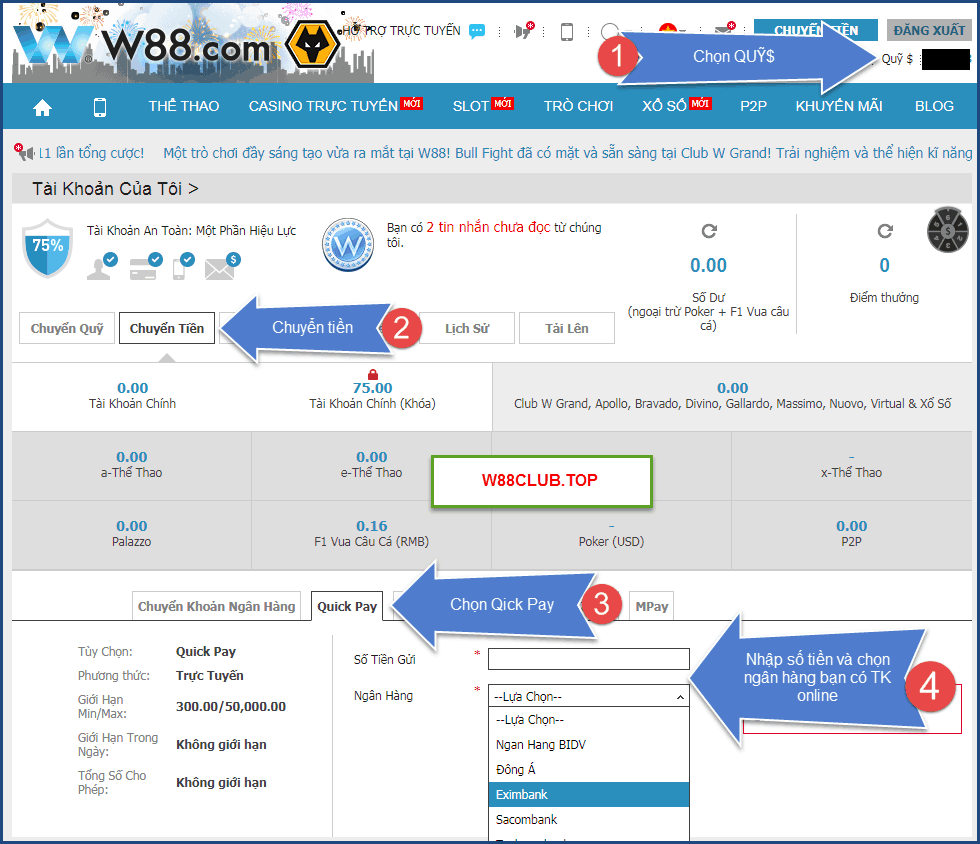 Nap gui tien vao W88 - Hinh thuc Quick Pay - Hinh 1