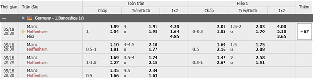 Soi keo Chau A, keo chap Mainz vs Hoffenheim 18/5/2019