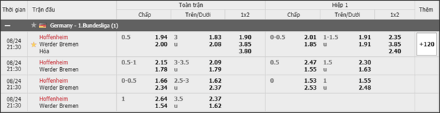 Soi keo chau A, keo chap Hoffenheim vs Werder Bremen 24/8/2019