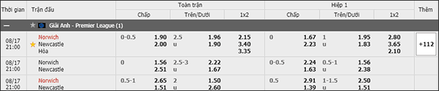 Soi keo chau A, keo chap Norwich vs Newcastle 17/8/2019